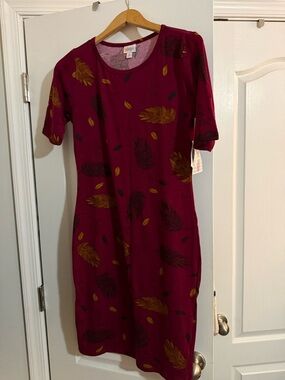 NWT LuLaRoe Julia dress, maroon/deep red with feathers, size M (8-10)